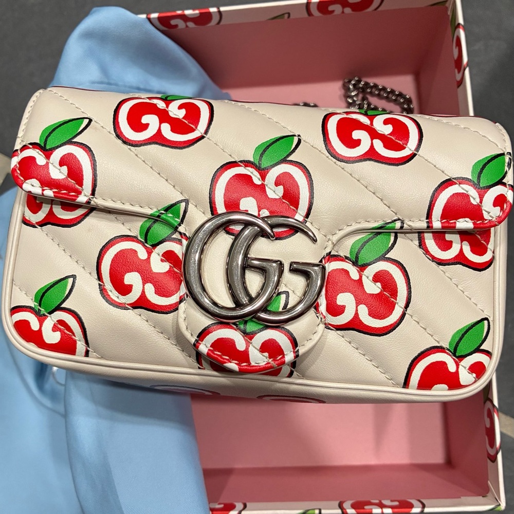 Gucci Cream Crossbody Bag with Red Apple Print